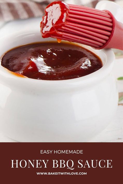 This honey BBQ sauce has the perfect balance of sweet and tangy flavors and can be paired with a wide variety of different dishes! Whether it's drizzled over grilled meats, used as a dipping sauce for crispy chicken wings, or brushed onto tender ribs, this sauce takes any meal to the next level! It's so easy to make that you're going to keep it on hand all the time! BakeItWithLove.com How To Make Honey Bbq Sauce, Honey Barbecue Sauce Recipe, Bbq Sauce With Honey, Bbq Sauce Homemade No Ketchup, No Ketchup Bbq Sauce Recipe, Homemade Bbq Sauce No Ketchup, Bbq Sauce No Ketchup, Honey Barbeque Sauce, Homemade Honey Bbq Sauce