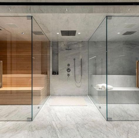 Best Home Steam Room Ideas – Forbes Advisor Steam Room Ideas, Sauna Bathroom Ideas, Home Steam Room, Sauna Bathroom Design, Steam Room Shower, Sauna A Vapor, Sauna Shower, Home Spa Room, Recovery Room