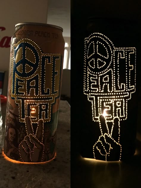 peace tea candle! Wow these are so easy to make, and so, so beautiful! Diy Hippy Decor, Diy Crafts For Stoners, Peace Tea Can Ideas, Peace Tea Can Crafts, Hippie Diy Decor, Diy Hippie Decor, Hippie Crafts Diy, Hippie Room Decor Diy, Peace Tea