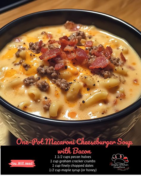 This hearty and delicious One-Pot Macaroni Cheeseburger Soup with Bacon is the ultimate comfort food for a cozy night in. Packed with all the flavors of a classic cheeseburger and loaded with crispy bacon, this easy recipe is sure to be a family favorite. Perfect for a quick weeknight dinner or weekend lunch, this soup is bound to satisfy your cravings. Get the recipe now and add it to your meal rotation! #comfortfood #cheeseburgersoup #baconlover #easyrecipes Macaroni Cheese Burger Soup, Bacon Cheeseburger Macaroni, Big Mac Soup, Bacon Cheeseburger Soup Crockpot, One Pot Cheeseburger Macaroni Soup, Macaroni Cheeseburger Soup, Cheeseburger Soup Crockpot, Classic Cheeseburger, Cheese Noodles