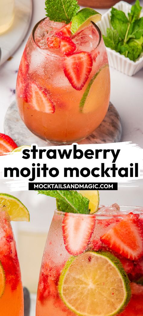 This virgin strawberry mojito is your new favorite non-alcoholic cocktail this summertime! Loaded with strawberries, mint and fresh lime juice, it makes for an incredible non-alcoholic drinks recipe that’s super refreshing. Mojito mocktail, virgin mojito, strawberry mocktail, easy strawberry mocktail, virgin strawberry mojito. Strawberry Cucumber Mojito Mocktail, Mocktails For Dinner Party, Virgin Pitcher Drinks, Easy Virgin Drinks Non Alcoholic, Strawberry Mango Mocktail, Best Virgin Cocktails, Mocktails Mojito Non Alcoholic, Virgin Summer Cocktails, Spring Juice Recipes