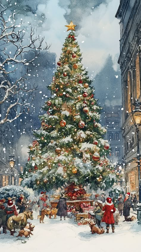 ✨🎄 Step into a whimsical winter wonderland! This enchanting Victorian-style Christmas tree lights up the snowy public square, surrounded by fluffy woodland creatures and delicate snowflakes. ❄️🐾 The soft hues of a watercolor painting capture the magic of the season. Let the holiday spirit fill your heart! ❤️🌟 #ChristmasMagic #VictorianStyle #WinterWonderland... Xmas Wall Decorations, Christmas Dreaming, Christmas Artwork, Images Harry Potter, Vintage Christmas Images, Cute Christmas Wallpaper, Christmas Phone Wallpaper, Christmas Decorations Bedroom, Christmas Town