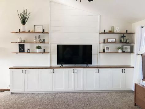 Built In With High Ceiling, Turn Wall Cabinets Into Custom Storage, Large Shiplap Wall Living Room, Built In Entertainment Center Vaulted Ceiling, Large Vaulted Ceiling Living Room, Shiplap Tv Wall With Cabinets, Entertainment Center On Vaulted Wall, Media Wall Vaulted Ceiling, Vaulted Tv Wall