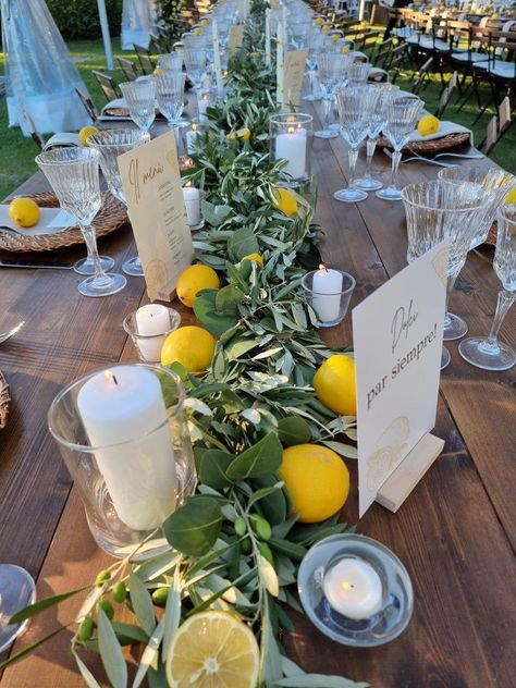 Lemon Themed Wedding, Lemon Table Decor, Lemon Themed Party, Sicilian Wedding, Lemon Centerpieces, Lemon Themed Bridal Shower, Italian Dinner Party, Italian Party, Italian Theme