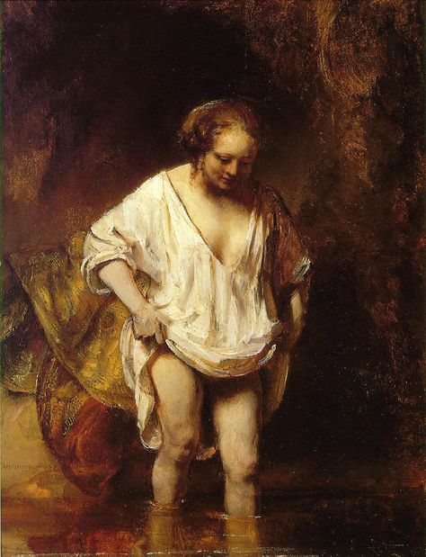 Rembrandt (1654) painted this woman (his common-law wife) bathing in a stream by using thick white paint to sculpt the layers of her garmet, leaving the background obscured. Golden Age Painting, Rembrandt Art, Rembrandt Paintings, Art Baroque, 4 October, Istoria Artei, Baroque Painting, Van Eyck, Dutch Masters