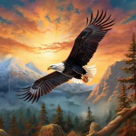 Premium Photo | Painting of a bald eagle soaring over a mountain range at sunset generative ai Eagle Background, Cross Stitch Patterns Printable, Eagle Soaring, Aigle Royal, Electronics Pattern, Eagle Painting, Eagle Pictures, Patterns Printable, Eagle Art