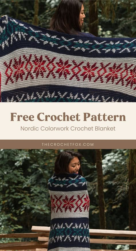 Enjoy working on this beautiful tapestry crochet blanket that resembles a classic fair isle knit blanket. This easy crochet pattern is the perfect crochet project for those who are fans of colorwork crochet. It is worked lengthwise rather than widthwise, using simple Single Crochet stitches and has fun fringes on the sides. | More free crochet patterns at thecrochetfox.com Amish Crochet Patterns Free, Crochet Cabin Decor, Fair Isle Blanket Pattern, Norse Knitting Pattern, Dutch Crochet Patterns, Nordic Star Crochet Pattern, Swedish Crochet Patterns, Nordic Crochet Blanket, Northern Lights Crochet