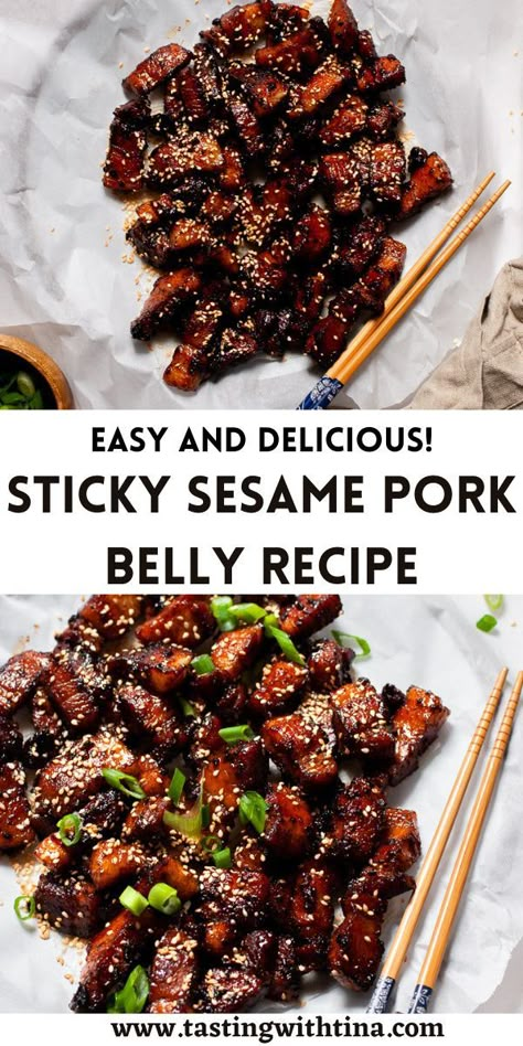 Sticky sesame pork belly is a delicious treat for the whole family! With everything done in under an hour, this dish is perfect for a weeknight or a hit for serving a crowd.I always order pork belly at restaurants, but I had never tried making at home. Now that I have, I’m hooked, and you should be too! Sesame Pork, Asian Pork, Pork Belly Recipes, Chinese Cooking Recipes, Dinner Inspiration, Easy Pasta Recipes, Chinese Cooking, Pork Dishes, Asian Cooking