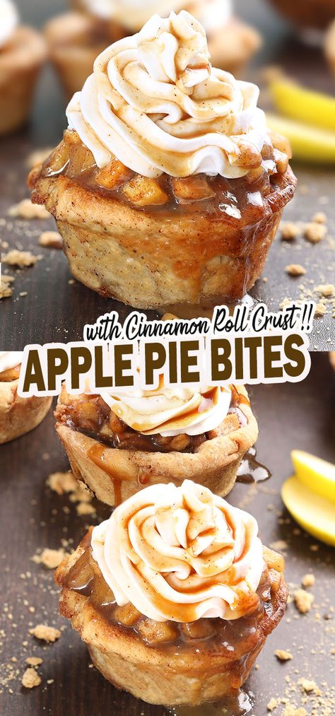 Apple Pie Finger Food, Snickerdoodle Apple Pie Cookie Cups, Cinnamon Roll Apple Pie Cupcakes, Apple Pie Cinnamon Roll Cups, Crescent Roll Apple Pie Bites, Mini Cinnamon Apple Pies, Cinnamon Apple Pie Bites, Apple Cinnamon Dessert Recipes, Mini Pie Filling Ideas