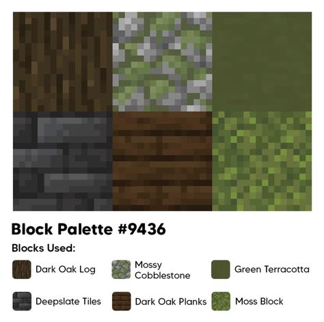 Minecraft House Ideas Cobblestone, Dark Oak Pallet Minecraft, Dark Academia Minecraft Block Palette, Minecraft Green Color Palette, Minecraft Block Palette Birch, Minecraft Pallets Ideas, Minecraft Green Palette, Best Minecraft Block Combinations, Block Pallet Ideas Minecraft Spruce