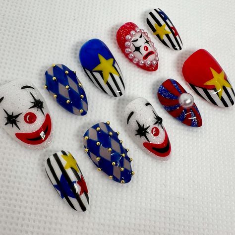 Jester Nails, Gel Fall Nail Colors, Clown Couture, Clown Nails, Circus Nails, Clown Core, Nail Shades, Kids Nail Designs, Horror Nails