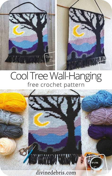 Learn to make the fun, spooky, and colorful Cool Tree Wall-Hanging from a easy graph available for free on DivineDebris.com Crochet Wall Hanging Patterns, Crochet Wall Art, Crochet Wall Hanging, Crochet Wall Hangings, Crochet Decor, Tapestry Crochet Patterns, Crochet Tapestry, Stitch Crochet, Halloween Crochet