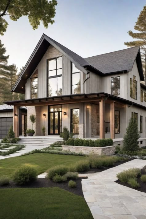 Modern two-story house with large windows, stone accents, and a manicured lawn. Modern Cabin Home Exterior, Cape Cod Farmhouse Exterior, Gray Lake House Exterior, Light Grey Barndominium Exterior, Cozy Modern Home Exterior, Exterior Color Pallets For The Home, Colored Houses Exterior, Farmhouse Exterior Colors Schemes, Lp Siding Exterior