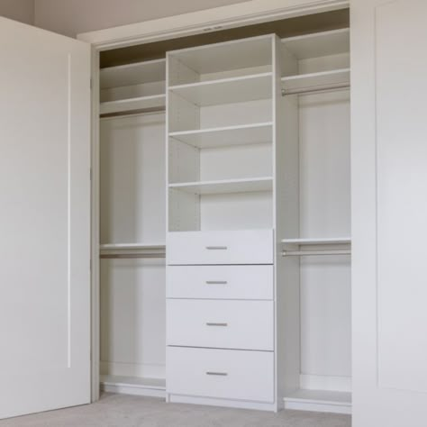 Closet With Drawers Inside, Closet With Drawers And Hanging Space, Closet Storage With Drawers, Reach In Closet With Drawers, Small Closet Cabinet Ideas, Closet Design Layout With Drawers, Closet With Built In Drawers, Built Closet Ideas, Small Closet With Drawers