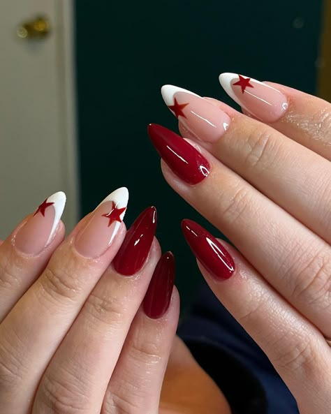 🍒⭐️🦢 star girl fall nails - Inspo: @nailsxanalysse 🤍 - Using @beetlesgelpolish medium almond etch-x nail tips and their gel polish, all li… | Instagram Cute Red Nail Designs, French Tip Nails With Gems, Paznokcie Hello Kitty, Kutek Disney, Nagel Tips, Smink Inspiration, Casual Nails, French Tip Acrylic Nails, Valentine Nails