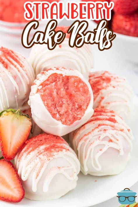 Strawberry Cake Balls - The Country Cook Strawberry Cream Cheese Balls, Cake Truffle Recipe, Strawberry Cake Truffles, White Chocolate Strawberry Dessert, Chocolate Covered Strawberry Hearts, Desserts With Strawberry Cake Mix Boxes, Strawberry Cake Balls Recipe, Cake Pops Strawberry, Truffle Recipe Easy 3 Ingredients