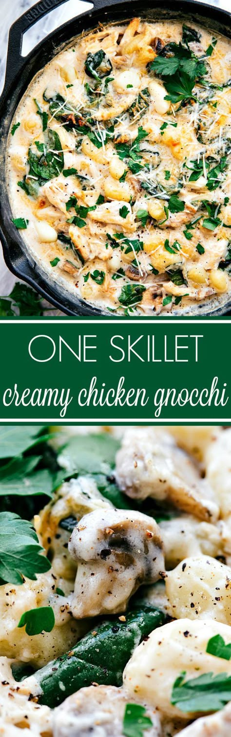 Easy 20 minute prep ONE SKILLET creamy chicken gnocchi Skillet Creamy Chicken, Creamy Chicken Gnocchi, One Skillet Chicken, Spinach Gnocchi, Chicken Gnocchi, Chicken And Spinach, One Pan Chicken, One Skillet, Gnocchi Recipes