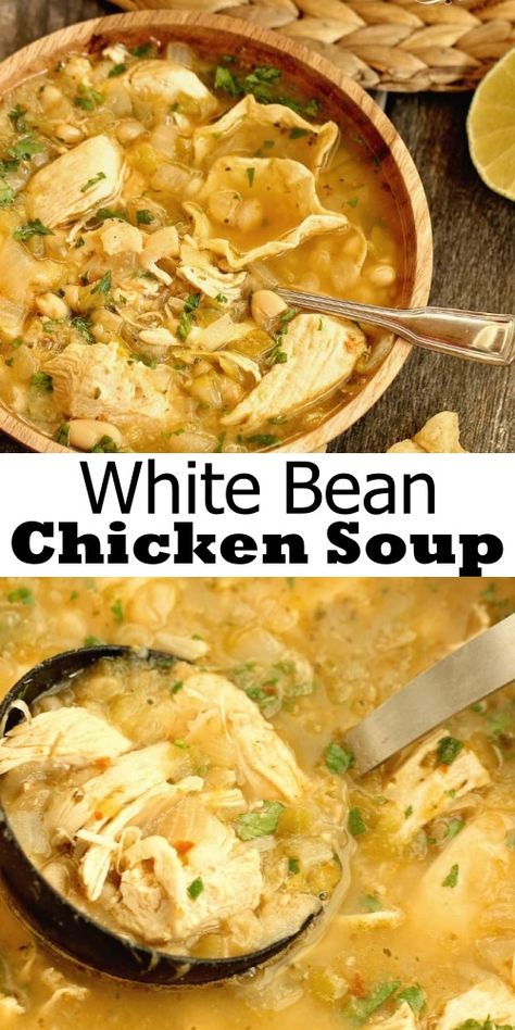 White Bean Chicken Soup Recipe - Cooking with Recipes White Bean Chicken Soup, Bean Chicken Soup, Lunches For The Week, Recipe For Dinner, Soup Chicken, Comforting Soup, Soup Appetizers, Green Chiles, Northern Beans