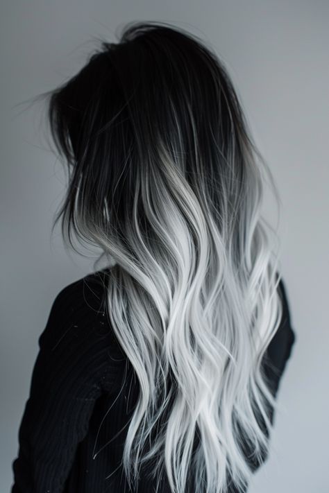 57+ Trending Ombre Hair Color Ideas Mid Length Hair Dye Ideas, Violet Sorrengail Hair, Silver Balayage On Dark Hair, Black Grey Hair, Hair Color Ombre, Exotic Hair Color, Silver Ombre Hair, Ombre Hair Color Ideas, Grey Ombre Hair