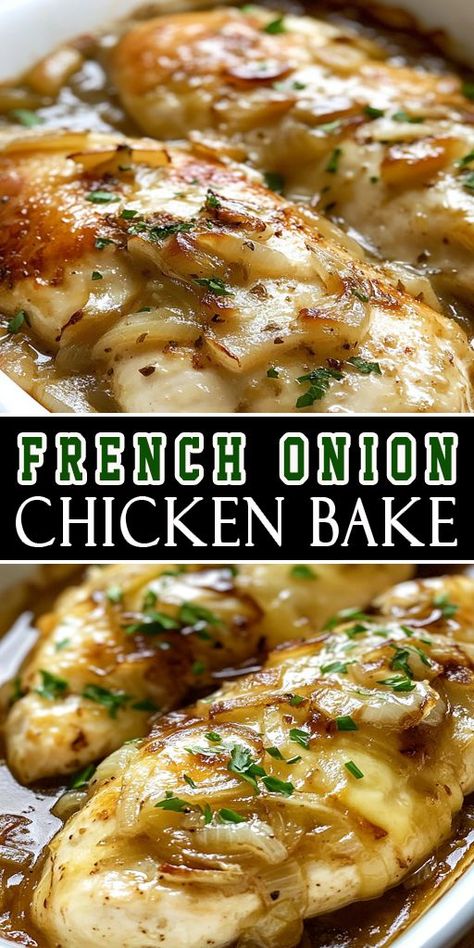 French Onion Chicken Bake = comfort food heaven! 🧅🍗 Juicy chicken baked with caramelized onions and gooey cheese for the ultimate dinner dish. Perfect for cozy nights! 🥘✨ #FrenchOnionChicken #EasyDinners #ComfortFood #BakedChicken Recipe Using French Onion Soup, Easy French Onion Chicken, French Onion Soup Chicken, Onion Soup Chicken, French Onion Chicken Bake, Onion Chicken Bake, French Onion Casserole, Quick Easy Family Dinners, Chicken Slow Cooker