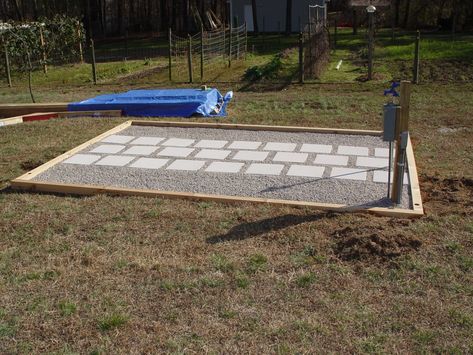 Path To Greenhouse, Ideas For Greenhouse Floors, Greenhouse Floors Diy, Green House Landscape, Floor For Greenhouse, Diy Greenhouse Foundation, Foundation For Greenhouse, Greenhouse Base How To Build, Cinder Block Greenhouse Foundation