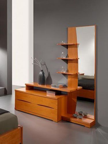 Layered dresser design, with a tall mirror sided with shelves and low drawers. Modern Dressing Table Designs, Modern Dressing Table, Dressing Unit, Dressing Table With Drawers, Full Mirror, Dresser Table, Dresser Design, Dressing Table Design, Bedroom Dressing Table