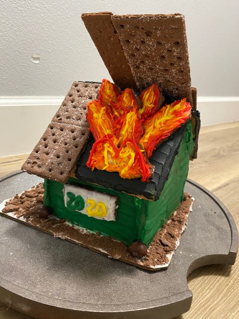 It had to be done. I think this might be the first one. Gingerbread House Hit By Tornado, Dumpster Fire Gingerbread House, Funny Ginger Bread Houses, Creative Ginger Bread House, Gram Cracker House Ideas, Original Gingerbread House Ideas, Unique Gingerbread House Ideas Easy, Winning Gingerbread House Ideas, Funny Gingerbread Houses