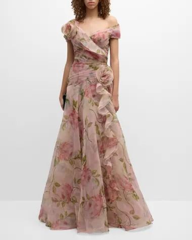 T5RM7 Rickie Freeman for Teri Jon Pleated Off-Shoulder Floral-Print Organza Gown Organza Gown, Modern Mehndi, Alternative Dress, Bride And Groom Outfits, Mother Of The Groom Dress, Organza Gowns, Mob Dress, Pleated Gown, Modern Mehndi Designs