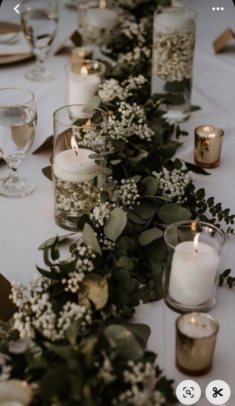 Eucalyptus Centre Piece, Wedding Table Centerpieces Eucalyptus, Dark Green And Neutral Wedding, Candles And Greenery Centerpiece Long Table, Classy Elegant Wedding Reception, Bridal Party Table Set Up, Olive Green Wedding Centerpieces, Candle Wedding Aisle Decor, Wedding Table Centrepiece Ideas