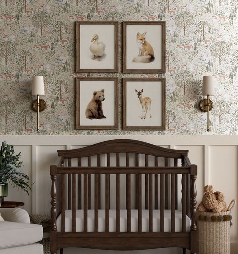 Dark Wood Nursery Ideas, Baby Boy Nursery Themes Animals, Vintage Nursery Decor Ideas, Traditional Boy Nursery, Brown Nursery Ideas, Vintage Style Nursery, Classic Boy Nursery, Thrifted Nursery, Vintage Boy Nursery