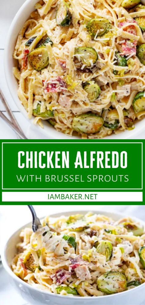 Chicken Supper Ideas, Brussel Sprout Pasta, Chicken Brussel Sprouts, Fettuccini Alfredo, Creamy Alfredo Sauce, Food For Dinner, Pasta Recipes Alfredo, Cozy Recipes, Chicken Skillet Recipes