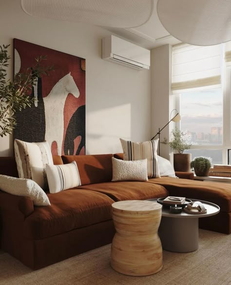 Tan Apartment Living Room, Terracotta Furniture Living Rooms, Terrocata Living Room, Orange Wood Living Room, Orange Brown Couch, Gray And Rust Color Scheme, Rust Interior Design, Suede Sofa Living Rooms, Cinnamon Couch Living Room