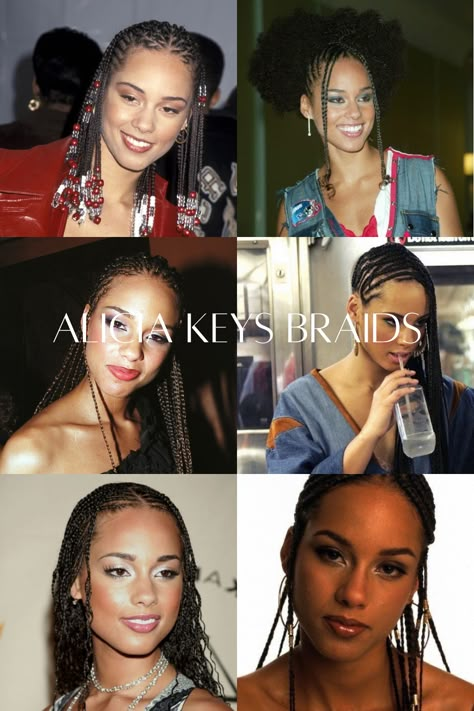 Alicia Keys inspired hairstyles, celebrity hair, curly hair hairstyles Alicia Keys Hairstyles Braids, 90s Inspired Braids, Alicia Keys Curly Hair, Alicia Keys Ponytail, 90s Cornrows, Aliyah Hairstyles, Alicia Keys Cornrows Braids, Alicia Keys Braids 2000s, Y2k Braided Hairstyles