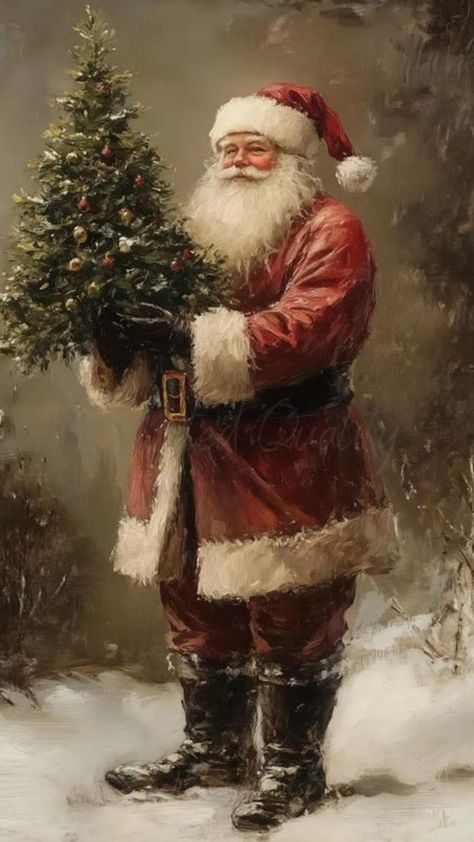 Antique Santa Pictures, Old Timey Christmas Aesthetic, Old Christmas Paintings, Vintage Santa Painting, Christmas Vintage Art, Vintage Christmas Tree Images, Vintage Christmas Art Prints, Vintage Christmas Tree Illustration, Vintage Santa Christmas Tree