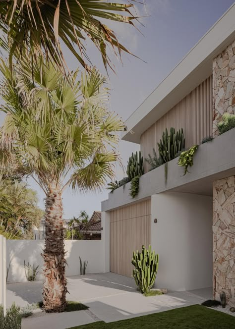 Coastal Facade, Front Facade, Palm Springs Style, Stone And Wood, House Facade, Casa Exterior, The Palms, Modern Beach House, Bay House