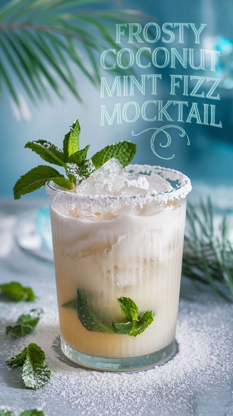 "Discover the ultimate Frosty Coconut Mint Fizz Mocktail Recipe, a refreshing beverage perfect for summer! This delightful coconut mocktail combines the vibrant flavors of mint and coconut for a tropical twist. Ideal for non-alcoholic drinks lovers, this mint fizz recipe is a must-try for your next gathering. Enjoy this easy-to-make summer mocktail and elevate your tropical drink ideas with this irresistible blend!" Coconut Punch Non Alcoholic, Non Alcoholic Mule, Birthday Drink Ideas Non Alcoholic, Non Sweet Mocktail, Mocktail With Mint, Waterloo Mocktails, Creamy Mock Tails, Irish Drinks Non Alcoholic, Coconut Milk Alcoholic Drinks