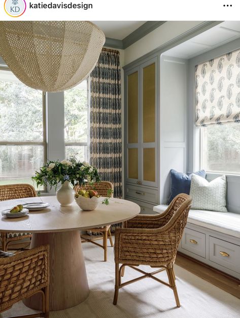 Rattan Dining Chairs Dining Room, Table In Playroom, Katie Davis Design, Katie Davis, Dining Nooks, Banquette Dining, Blue Chairs, Cozy Breakfast, Dining Inspiration