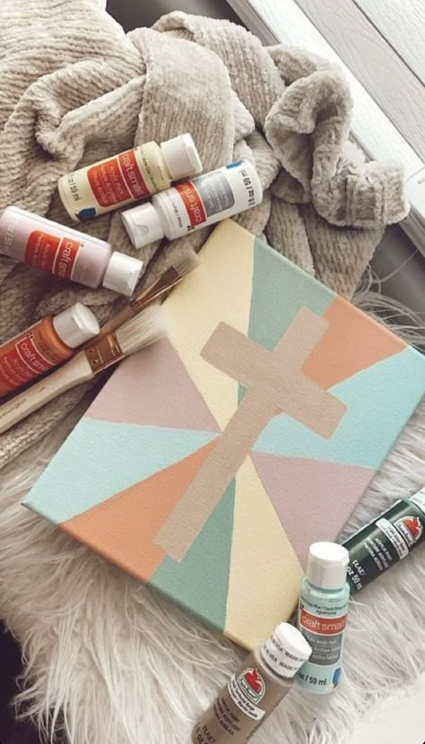 Cute Simple Things To Paint On A Canvas, Simple Cross Painting, Easy Panting Ideas Aesthetic, Easy Cross Paintings On Canvas, Christian Easy Drawings, Easy Cross Painting, Painting Ideas On Canvas Cross, Christian Room Decor Diy, Jesus Paintings Easy