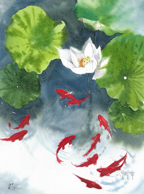 Koi Fish Pond Watercolor, Koi Watercolor Painting, Koi Fish In A Pond, Pond With Lily Pads, Fish In A Pond, Goldfish Watercolor, Flowers Lilly, Lily Pad Pond, Pond Drawing