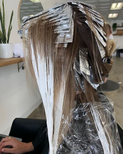 Foil Work Hair, Foils In Hair, Hair Foils Highlights, Full Foil Highlights, Hairstylist Marketing, Foil Placement, Hair Mood Board, Job 33, Hairstylist Branding