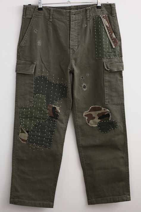 Patchwork Pants Outfit Men, Patched Cargo Pants, Sashiko Pants, Diy Cargo Pants, Patchwork Pants Diy, Custom Cargo Pants, Patch Work Pants, Patched Shirt, Patchwork Cargo Pants