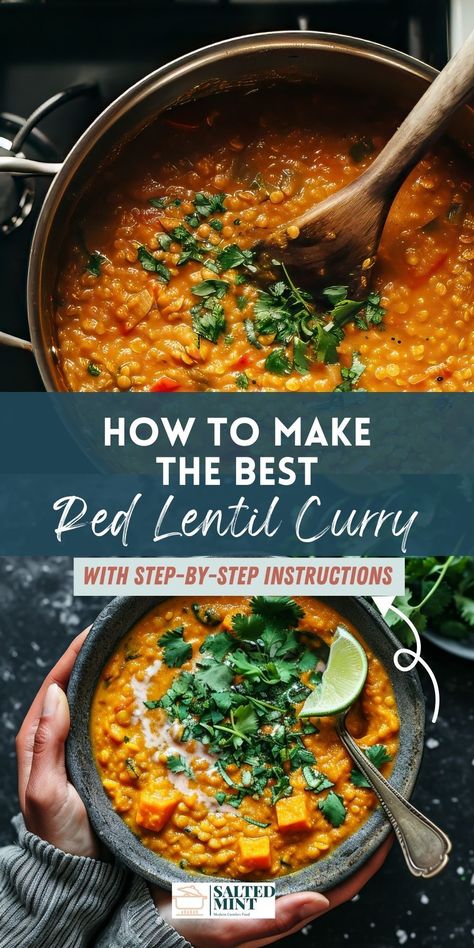 Whip up a quick and nutritious meal with this easy red lentil curry. Perfect for plant-based dinners, it blends red lentils with creamy coconut milk for a simple yet satisfying dish. Ideal for any night, this recipe is a great addition to your healthy dinner ideas, offering a wholesome twist on traditional dhal. Enjoy a comforting, effortless vegetarian lentil recipe that's both healthy and delicious. Easy Dahl Recipe, Red Lentil Recipes Easy, Indian Lentil Curry, Lentil Recipes Indian, Red Lentil Dahl, Lentil Dhal, Dhal Curry, Vegan Lentil Recipes, Lentil Recipes Easy