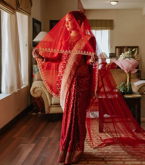 Red Saree With Veil, Nepali Bride Makeup, Nepali Bridal Look, Doli Decoration For Bride, Red Veil Wedding Indian, Nepali Bridal Saree, Saree With Trail, Nepali Bride Wedding Nepal, Nepali Wedding Dress