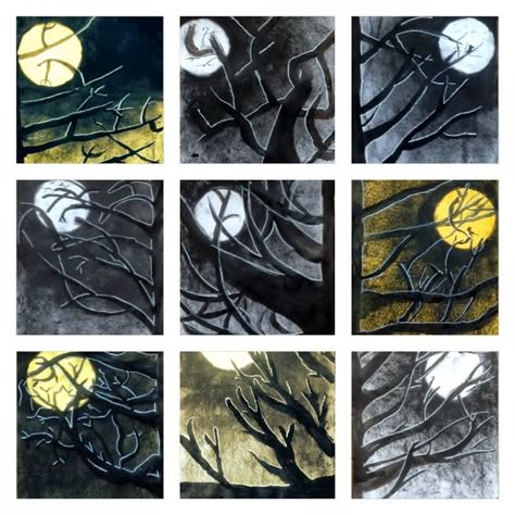 Elle and Lou: Spooky Halloween Trees: Art for Primary Children Halloween Art Upper Elementary, Trees Tutorial, Halloween Art Lessons, Moonlight Art, Halloween Art Projects, Spooky Tree, Children Drawing, Halloween Kunst, Middle School Art Projects