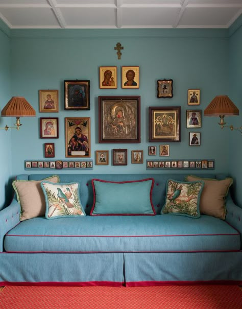 Best Blue Paint Colors, Oval Room Blue, Turquoise Walls, Blue Gray Paint, Prayer Corner, Catholic Home, Blue Paint Colors, Home Altar, Interior Wall Design