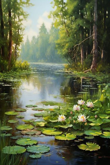 Expression Painting, Knitting Flowers, Dinner Setup, Beautiful Paintings Of Nature, Water Lilies Painting, Beautiful Landscape Paintings, Lush Forest, Scenery Paintings, Awesome Pictures