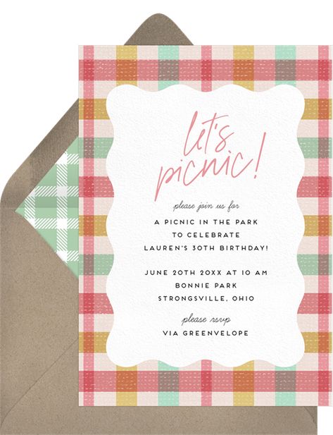 Plaid Picnic in the Park Digital Invitation Picnic Invitations Template Free, Picnic Birthday Invitations, Picnic Invitation Ideas, Park Bday Party Ideas, Picnic Party Invitations, 30th Birthday Picnic, Picnic Invite, Summer Newsletter, Watermelon Invitations