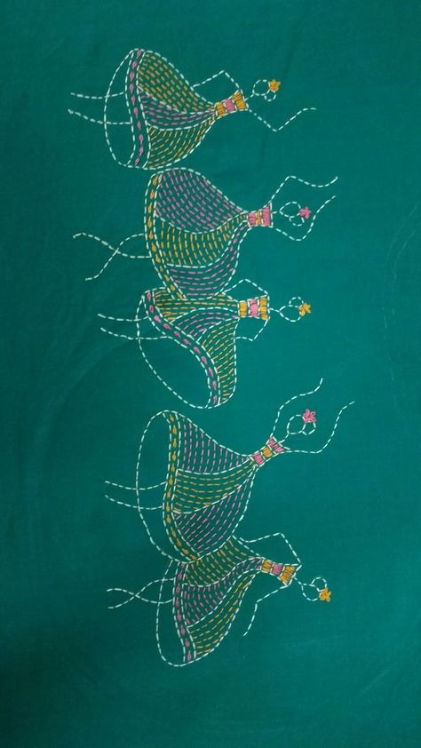 Simple Kantha Work Designs, Warli Embroidery Design, Hand Embroidery Designs On Blouse, Kantha Work Designs Embroidery Patterns, Kantha Motifs Design, Katha Embroidery Design, Shashiko Embroidery Patterns, Kantha Embroidery Designs Hand Stitching, Kasuti Embroidery Design Pattern