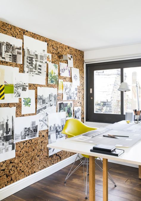 How to make a cork board wall: make working from home practical | Real Homes Cork Board Office Wall, Pinboard Wall Ideas, Framed Cork Board Wall Ideas, Cork On Walls, Floor To Ceiling Cork Board, Cork Walls Office, Photo Collage Wall Cork Board, Corkboard Wall Office, Giant Pin Board