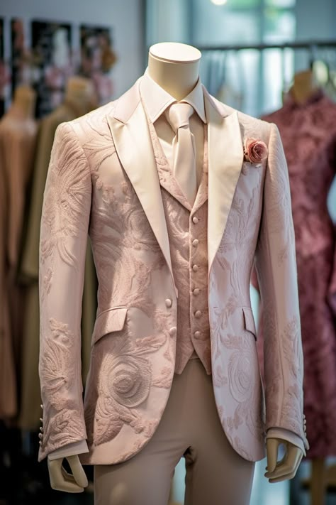 Rose flower inspired suit Fairy Wedding Groom Suit, Ethereal Suit Men, Groom Attire Pink, Bridgerton Suit Men, Fairytale Suits For Men, Rose Gold Suit Men, Wedding Male Outfit, Bridgerton Suit, Ethereal Outfit Men